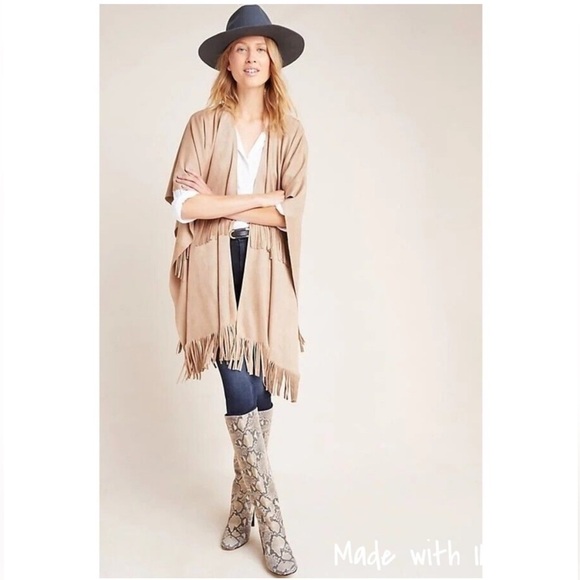 Anthropologie Anderson & Lauth Taupe Faux Suede Fringe Poncho Kimino- One Size - Picture 3 of 12